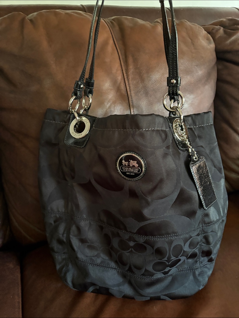 Coach Black Signature Shoulder Tote with Silver Hardware